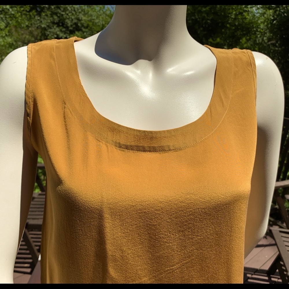 100% Silk Woman Tank Top mustard like natural Tan color deep round neck US M-L